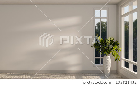 Plant in vase aside window on white wall and marble floor corridor or hallway in a house or building Plant in vase aside window on white wall and marble floor corridor or hallway in a house or building 135821432