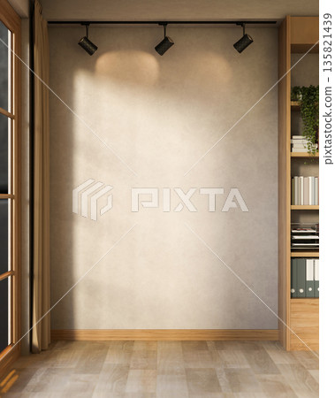 Ceiling lamp on empty loft cement wall with wooden window and bookshelf in a parquet floor room. Ceiling lamp on empty loft cement wall with wooden window and bookshelf in a parquet floor room. 135821439