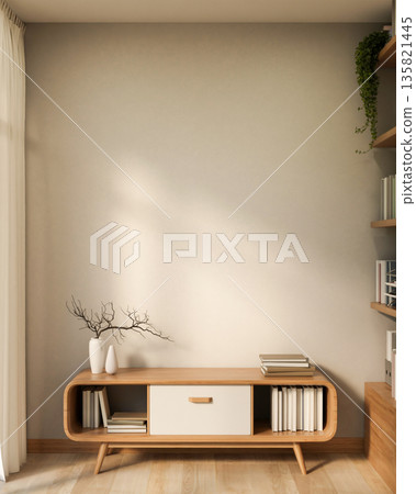 Wooden drawer table aside curtain covered window and bookshelf on parquet floor in a white wall room Wooden drawer table aside curtain covered window and bookshelf on parquet floor in a white wall room 135821445