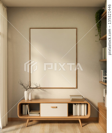 White frame on wall hanging over wooden drawer table aside curtain and bookshelf on parquet floor. White frame on wall hanging over wooden drawer table aside curtain and bookshelf on parquet floor. 135821446