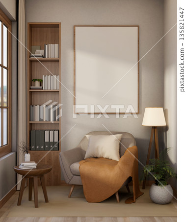 Sofa chair with blanket under white frame and table aside floor lamp and wooden bookshelf on carpet. 135821447
