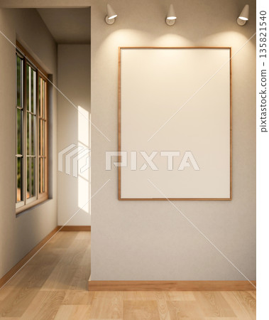 Empty frame with spotlight on white wall and wooden parquet floor corridor in gallery or exhibition 135821540