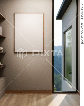Empty frame on wall in a room with glass window wall and wooden parquet floor corridor of a house. 135821547