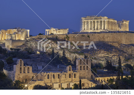 Night view of the Acropolis of Athens, main ancient sightseeing site in the capital of Greece Night view of the Acropolis of Athens, main ancient sightseeing site in the capital of Greece 135821651