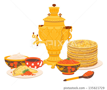 A stack of thin pancakes on a plate and a samovar. A traditional Maslenitsa dish. Red caviar in wooden bowl and sour cream. The most popular pancake filling in Russia. Vector illustration a tea party 135821729