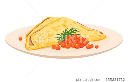 A thin pancake and red caviar on a white plate. Vector illustration of a traditional Russian food for Maslenitsa. A crep folded into a triangle and salted salmon caviar. An expensive delicacy A thin pancake and red caviar on a white plate. Vector illustration of a traditional Russian food for Maslenitsa. A crep folded into a triangle and salted salmon caviar. An expensive delicacy 135821732