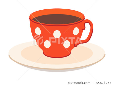 Red porcelain cup with a white circular pattern and saucer. Vector tea mug. Vintage coffee set. Flat style. 135821737