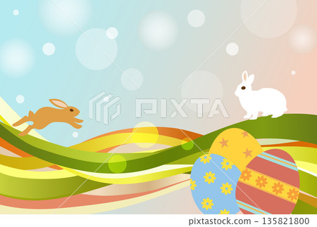 Happy Easter Illustration of a bunny and colorful Easter eggs bouncing on a spring hill Happy Easter Illustration of a bunny and colorful Easter eggs bouncing on a spring hill 135821800