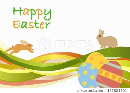 Happy Easter Illustration of a bunny and colorful Easter eggs bouncing on a spring hill Happy Easter Illustration of a bunny and colorful Easter eggs bouncing on a spring hill 135821801