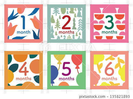 Colorful and pop monthly cards 1 (1st to 6th months) with registration marks Colorful and pop monthly cards 1 (1st to 6th months) with registration marks 135821893