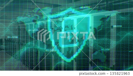 Displaying glowing shield icon with cross securing data on dashboard, world map and grid lines 135821963