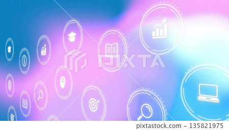 Floating white laptop icon moving across gradient space, with business tech icons, copy space 135821975