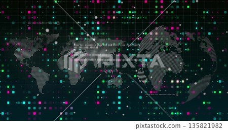 Displaying digital world map and rotating dotted globe on virtual grid, with colored data elements Displaying digital world map and rotating dotted globe on virtual grid, with colored data elements 135821982
