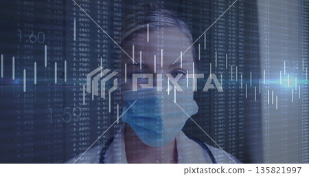 Doctor analyzing candlestick bars and columns in analytics, with mask lab coat and stethoscope Doctor analyzing candlestick bars and columns in analytics, with mask lab coat and stethoscope 135821997