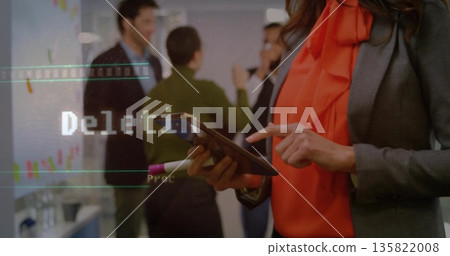 Using tablet woman in business attire at office with whiteboard notes, digital overlay, copy space Using tablet woman in business attire at office with whiteboard notes, digital overlay, copy space 135822008