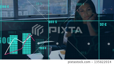 Woman wearing dark top scanning laptop screen in office with mug, file, papers, charts, copy space Woman wearing dark top scanning laptop screen in office with mug, file, papers, charts, copy space 135822014