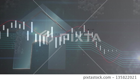 Showing translucent house icon in hexagon grid interface, white bars red trend line turquoise lines 135822021