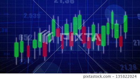 Floating candlestick chart hovering above virtual blue grid plane, with numeric labels and bars Floating candlestick chart hovering above virtual blue grid plane, with numeric labels and bars 135822024