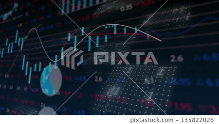 Showing abstract digital chart on virtual dashboard, displaying candlestick bars and trend line Showing abstract digital chart on virtual dashboard, displaying candlestick bars and trend line 135822026