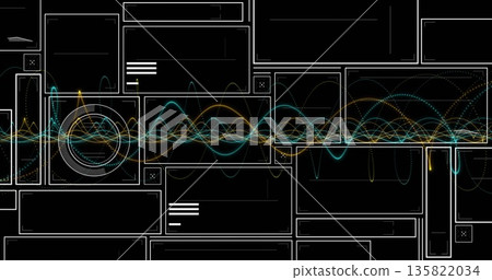 Displaying teal and gold waveform lines oscillating through digital dashboard, with white panels 135822034