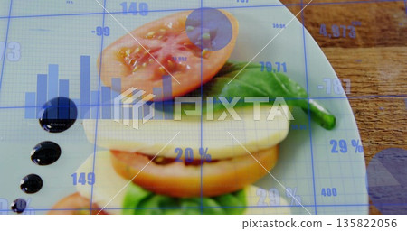Stacked caprese salad resting on white plate at dining table, with blue data visualization overlay Stacked caprese salad resting on white plate at dining table, with blue data visualization overlay 135822056