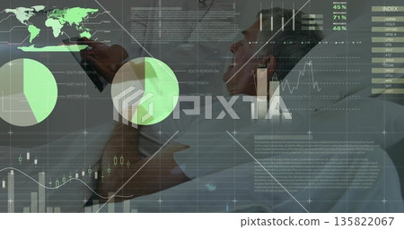 Supporting senior patient leg by therapist wearing scrubs in clinic with analytics overlays 135822067