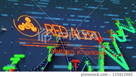 Displaying red alert and immediate action required on dashboard, with hazard icon and neon graphs 135822085