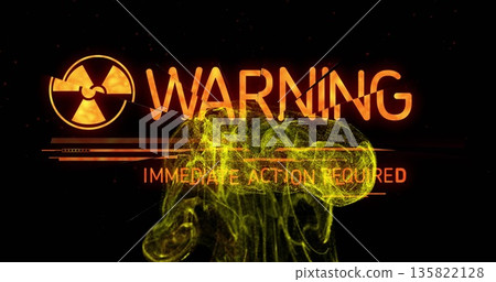 Displaying radiation symbol with warning label and data bar on dark screen, with smoke and embers Displaying radiation symbol with warning label and data bar on dark screen, with smoke and embers 135822128