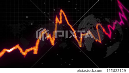 Showing glowing jagged line chart shifting orange to pink on grid, with global silhouettes, markers Showing glowing jagged line chart shifting orange to pink on grid, with global silhouettes, markers 135822129