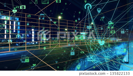 Glowing network overlay connecting urban highway at night, with neon icons and metallic railing Glowing network overlay connecting urban highway at night, with neon icons and metallic railing 135822133