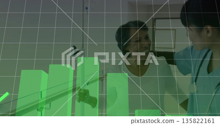 Nurse in scrubs supporting patient walking on parallel bars in therapy room, with chart overlay Nurse in scrubs supporting patient walking on parallel bars in therapy room, with chart overlay 135822161