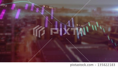 Overlaying graph displaying purple blue bars teal-green trend and circular numeric labels over city Overlaying graph displaying purple blue bars teal-green trend and circular numeric labels over city 135822183