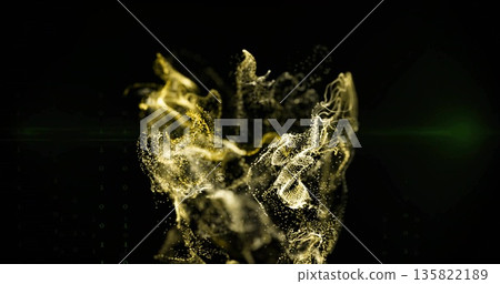 Swirling golden particles forming abstract cloud in void-like digital space, with green glow Swirling golden particles forming abstract cloud in void-like digital space, with green glow 135822189