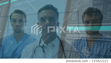 Standing white coat doctor and scrubbed colleagues studying digital encryption overlay in clinic Standing white coat doctor and scrubbed colleagues studying digital encryption overlay in clinic 135822221