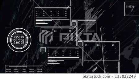 Displaying circular gauge showing numeric readouts on digital interface with panels, copy space Displaying circular gauge showing numeric readouts on digital interface with panels, copy space 135822249