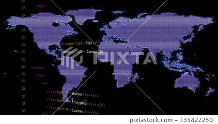 Displaying purple-hued pixelated world map on computer screen, showing colored HTML code lines Displaying purple-hued pixelated world map on computer screen, showing colored HTML code lines 135822250