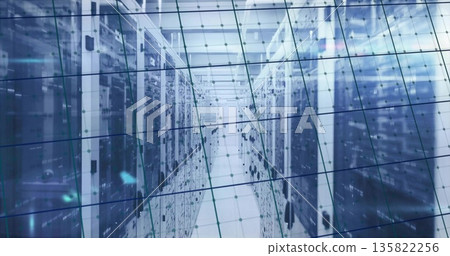 Displaying central aisle running through data center, with server racks and network grid overlay Displaying central aisle running through data center, with server racks and network grid overlay 135822256