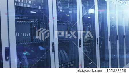 Glowing server racks revealing servers and Ethernet cables at data center, LED indicators blinking Glowing server racks revealing servers and Ethernet cables at data center, LED indicators blinking 135822258