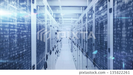 Lining server room corridor, glass-fronted cabinets holding rack servers with blinking status LEDs Lining server room corridor, glass-fronted cabinets holding rack servers with blinking status LEDs 135822261