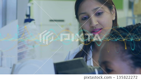 Standing Indian scientist in lab coat holding tablet and reviewing at lab, with waveform overlay Standing Indian scientist in lab coat holding tablet and reviewing at lab, with waveform overlay 135822272