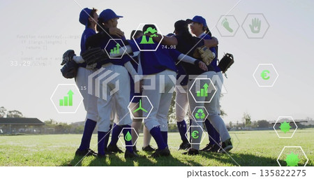 Standing baseball players huddling on baseball field, holding gloves and wearing blue caps jerseys Standing baseball players huddling on baseball field, holding gloves and wearing blue caps jerseys 135822275