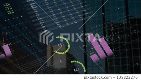 Displaying financial dashboard overlaying glass in office lobby, with data table, charts and device Displaying financial dashboard overlaying glass in office lobby, with data table, charts and device 135822276