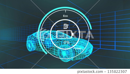 Displaying 3D wireframe car model on glowing blue grid floor, walls, with UI overlay, battery icon 135822307