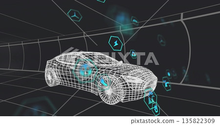 Rotating 3D wireframe car model displaying in grid tunnel, with floating hexagonal tech icons 135822309