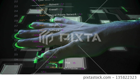 Interacting mid adult male hand touching horizontal touchscreen in lab, with pads and code overlays Interacting mid adult male hand touching horizontal touchscreen in lab, with pads and code overlays 135822323