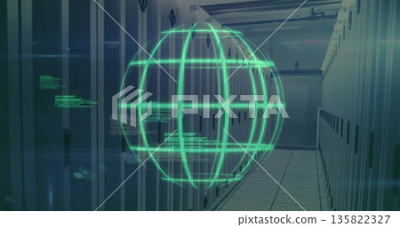 Floating green holographic sphere displaying code in server room aisle, flanked by racks and ducts Floating green holographic sphere displaying code in server room aisle, flanked by racks and ducts 135822327
