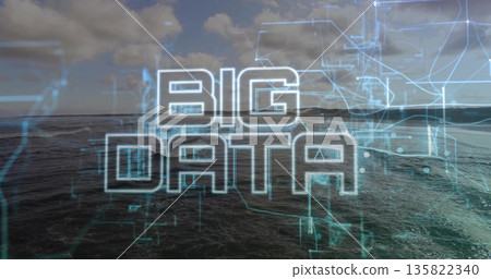 Displaying bold BIG DATA lettering blending across ocean horizon, neon-blue network overlay Displaying bold BIG DATA lettering blending across ocean horizon, neon-blue network overlay 135822340