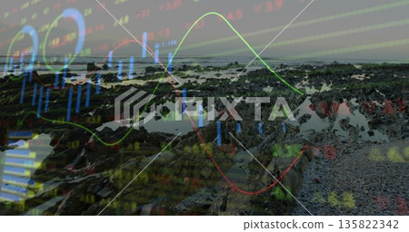 Showing jagged rock formations revealing tidal pools on coastline, with floating financial graphics 135822342