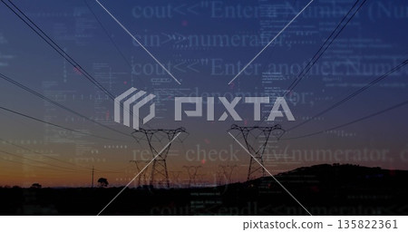 Showing high-voltage towers stretching power lines above rolling hills at dusk, with code overlay 135822361