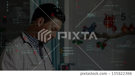Standing physician wearing coat in pediatric ward with cartoon decals and code overlays, copy space Standing physician wearing coat in pediatric ward with cartoon decals and code overlays, copy space 135822366